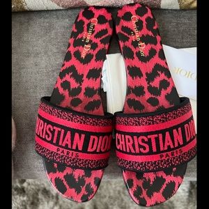 Dior Pop Leopard print D-Way slides in Framboise (red)
